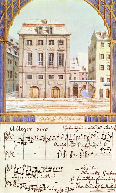 Het Leipzig Gewandhaus met een muziekstuk van Felix Mendelssohn (1809-47) door German School